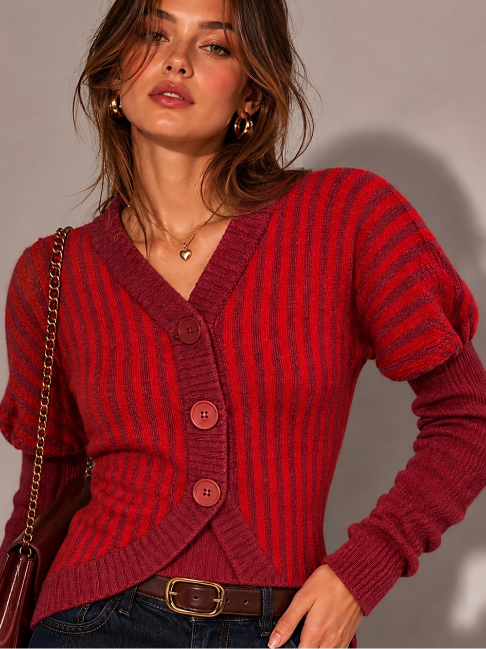 Marc Jacobs Red Striped Cardigan Lambswool Fitted Scandi Chic Button Front M